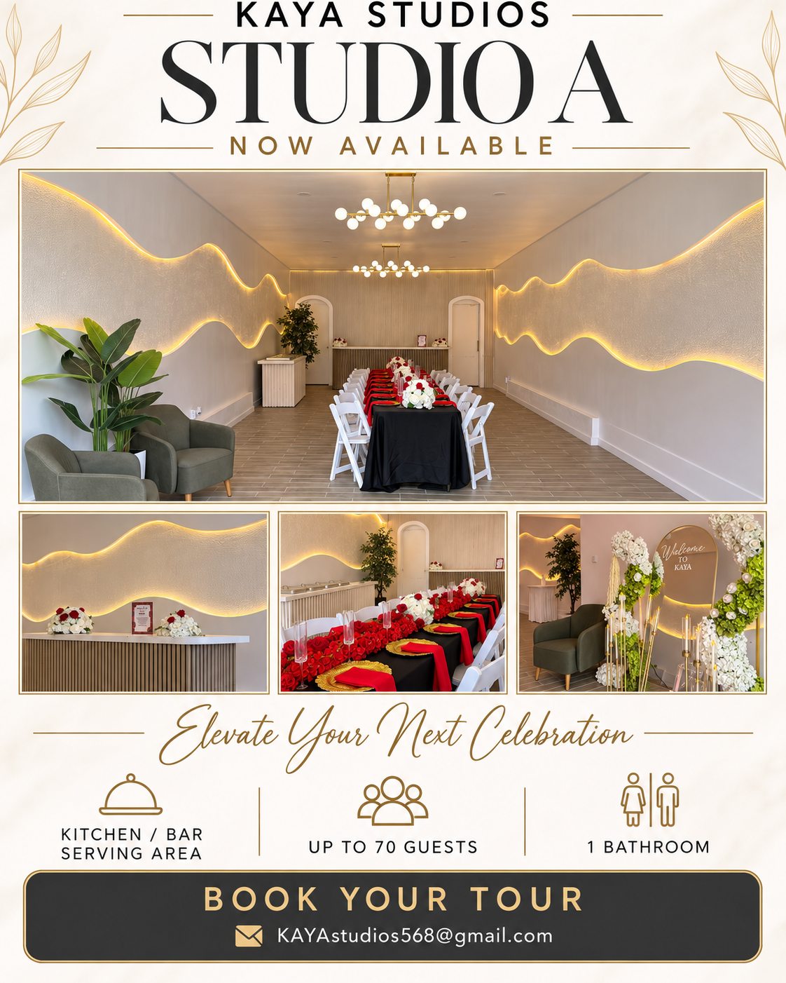Studio A with sculptural gold lighting, chandeliers, a kitchen and bar serving area