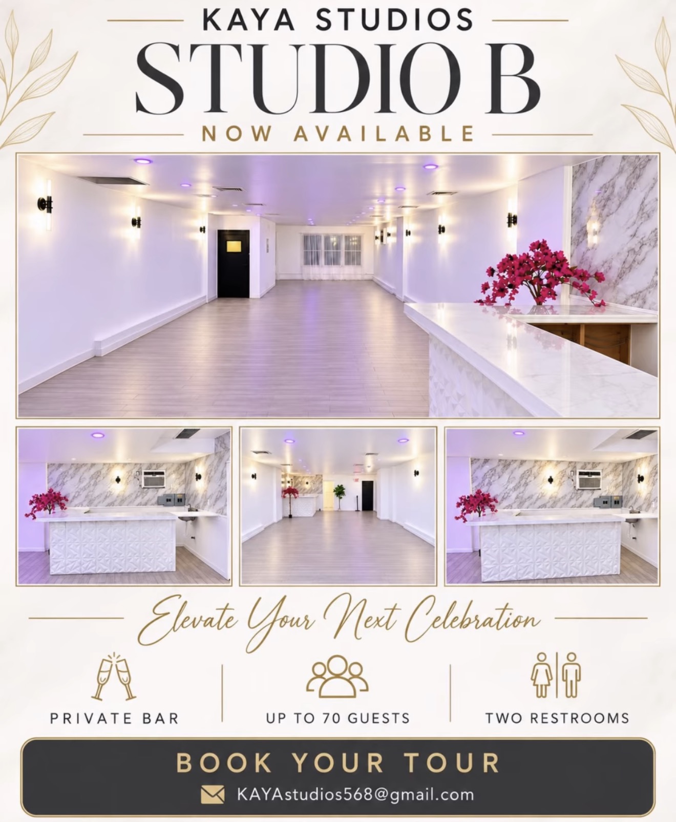 Studio B's bright event space and marble-style private bar